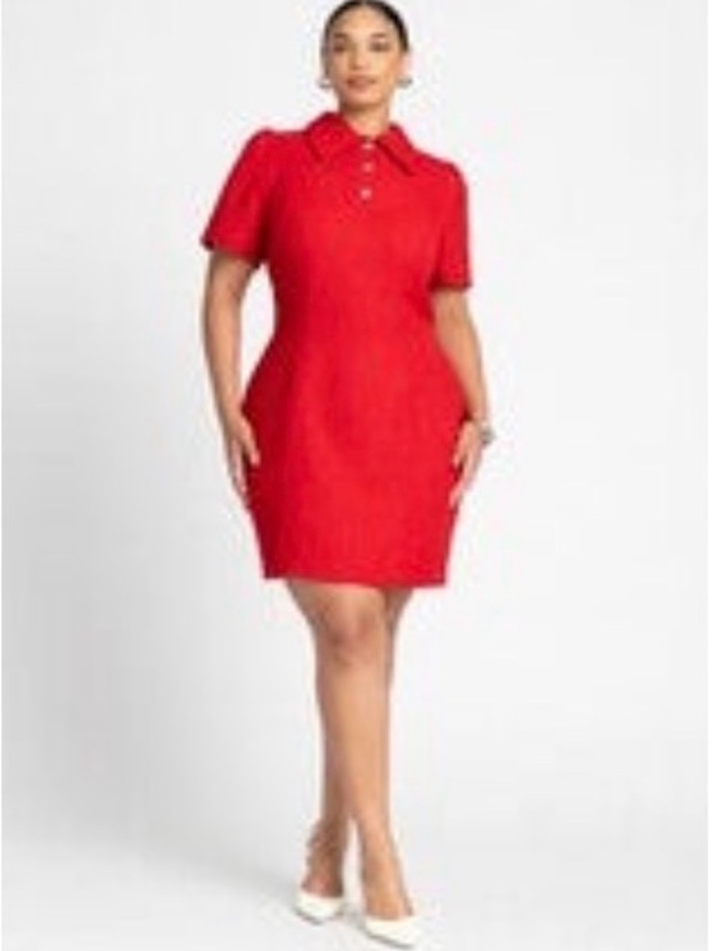 Red Short Sleeve Tweed Dress with Silver Buttons